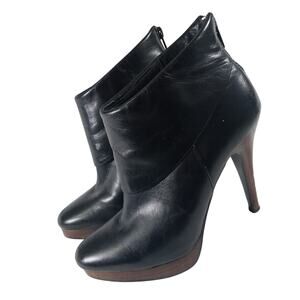 STEVE MADDEN! BLACK GENUINE LEATHER, BROWN STACKED WOOD HEEL/SOLE BOOTS! SZ 6.5M